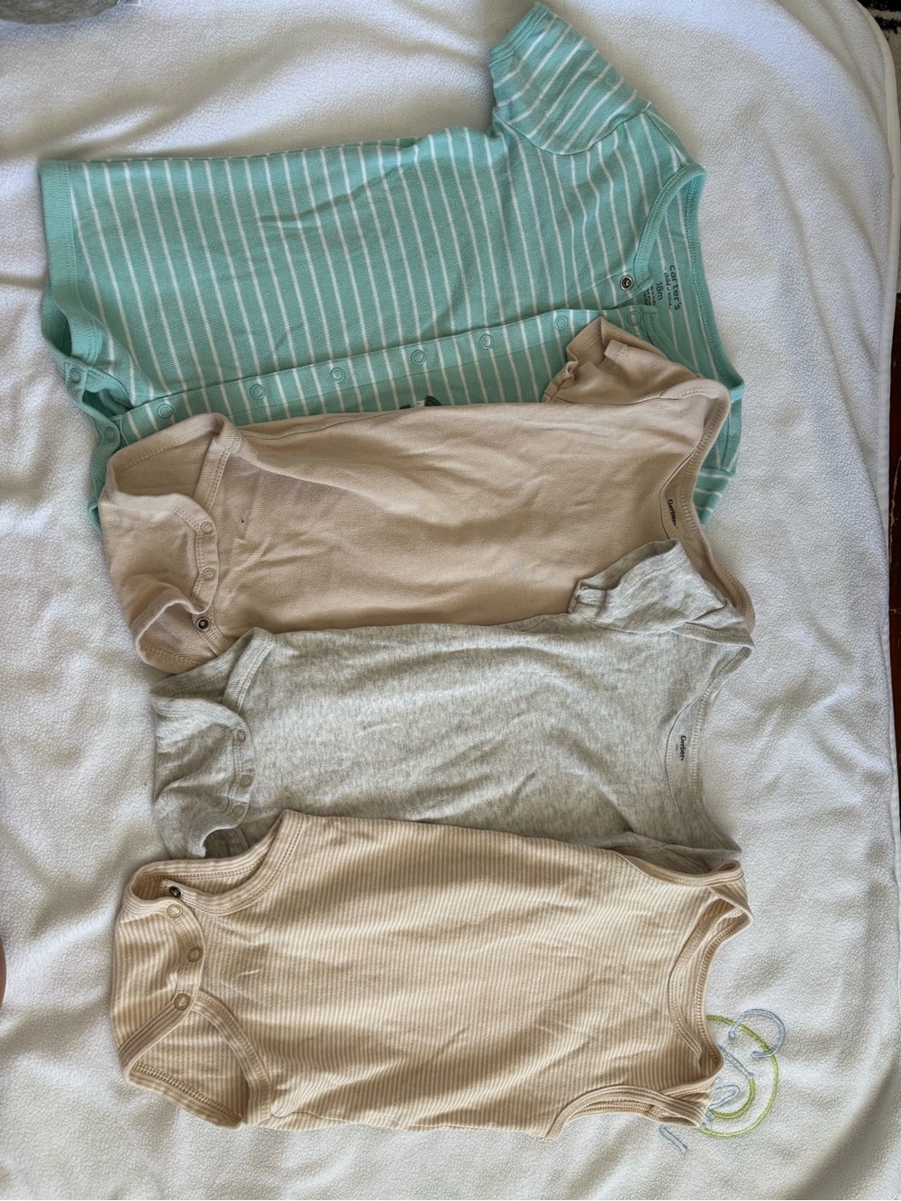 5 piece bundle- Gerber onesies in tan and gray, Carter button up & print onesie